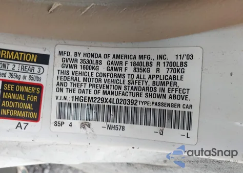 2004 Honda Civic Ex from USA, damaged, VIN 1HGEM229X4L020392